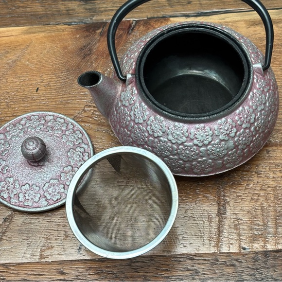 Teavana Japanese Pink Cherry Blossom Cast Iron Teapot Kettle Stainless Strainer - Picture 2 of 9